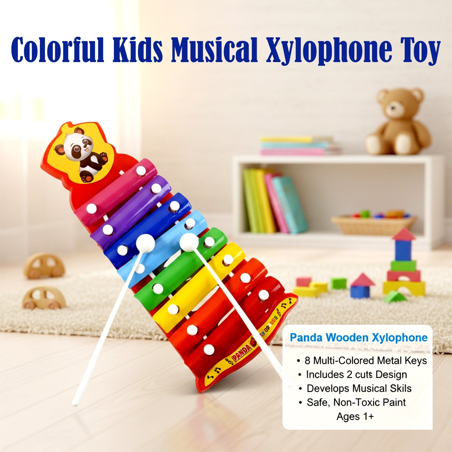 Children's musical xylophone toy featuring bright sound bars and mallets