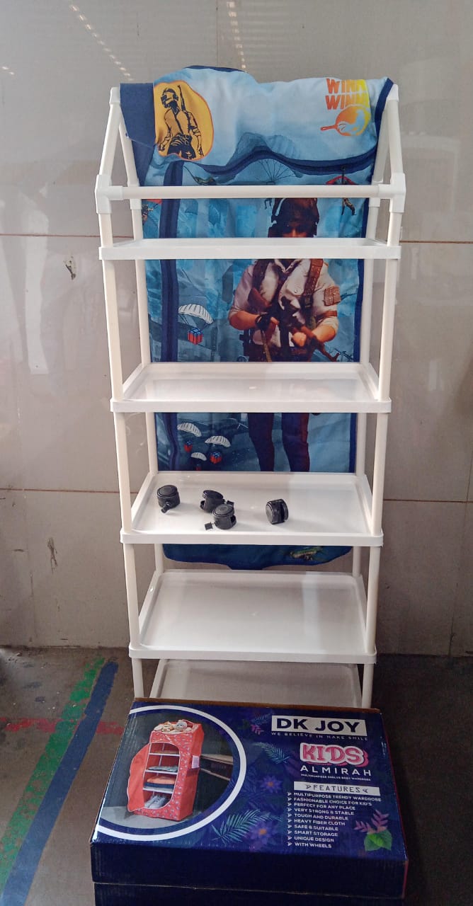 Foldable baby wardrobe with colorful cartoon print showing hut shaped design