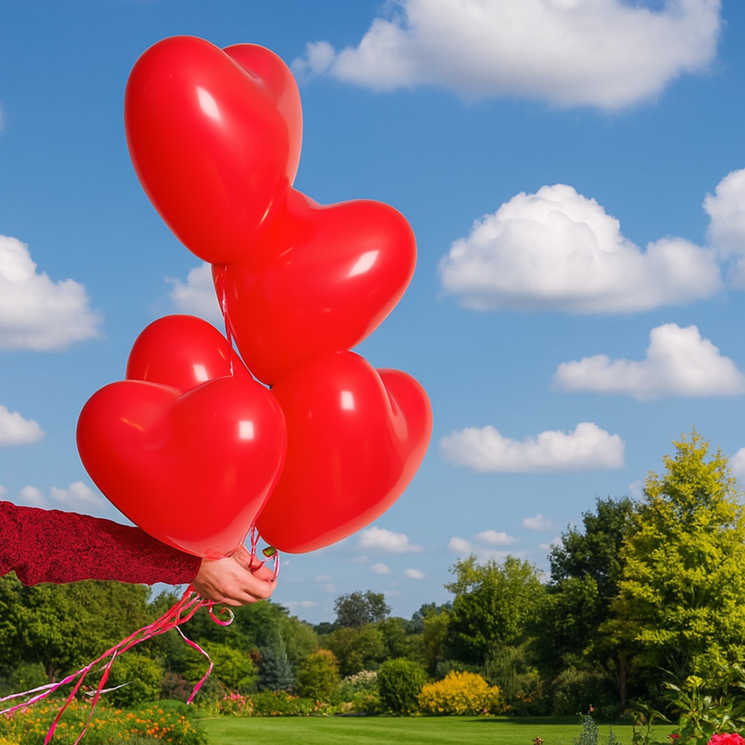 Set of four vibrant heart shaped balloons for party decorations.