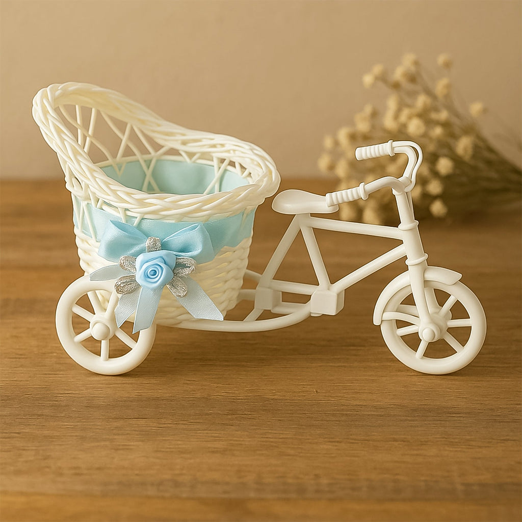 Plastic bicycle-shaped flower pot stand on white background