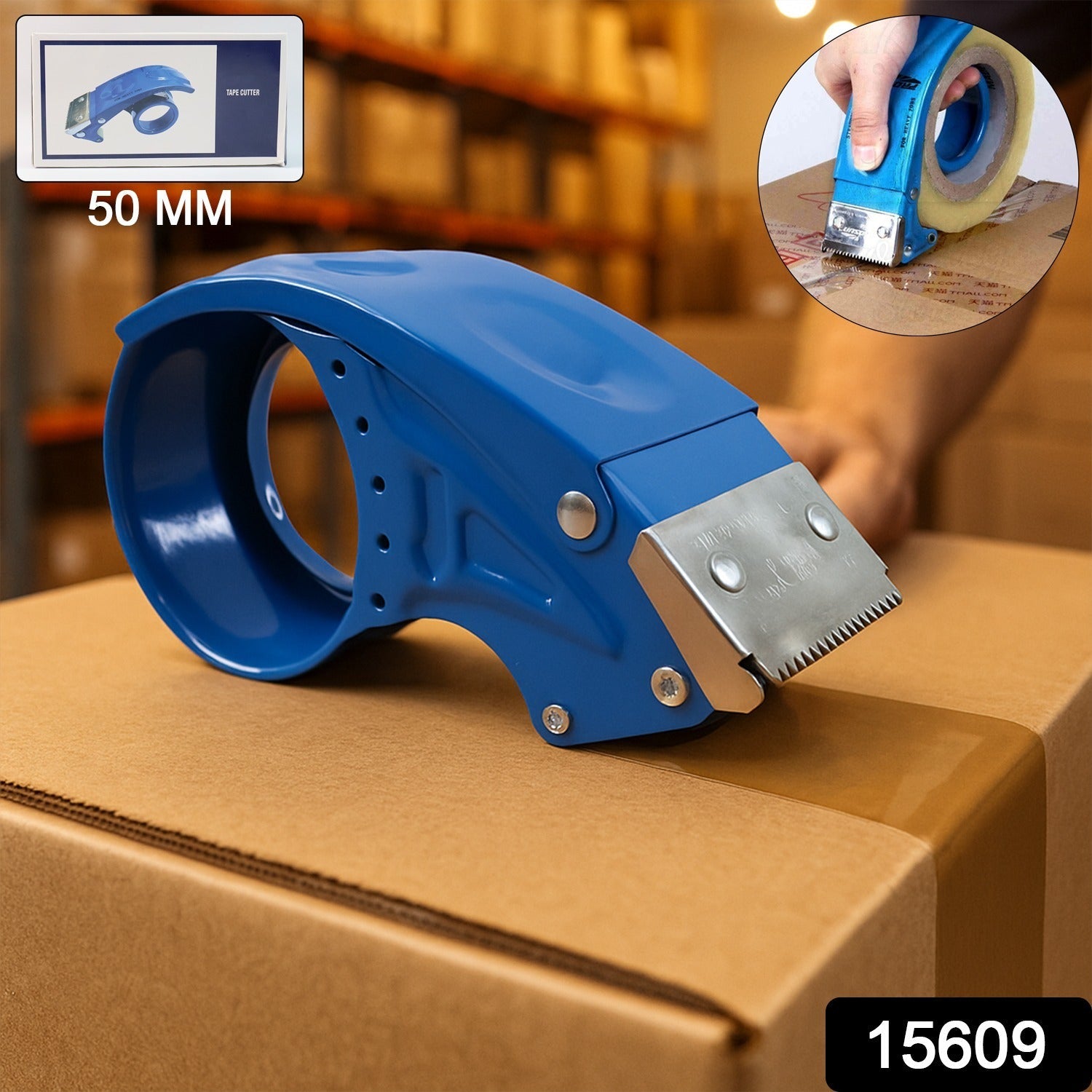 Ergonomic tape dispenser cutter fitting 50 mm wide packing tape rolls