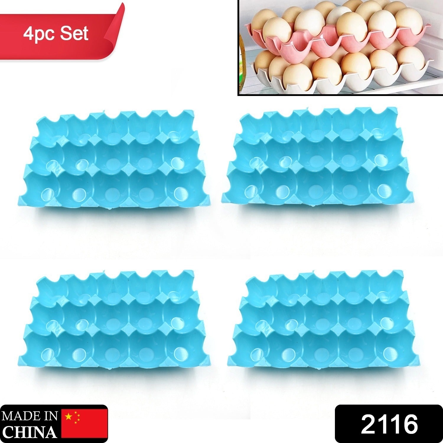 Stack of clear plastic egg trays, each holding 15 eggs, in a kitchen setting.