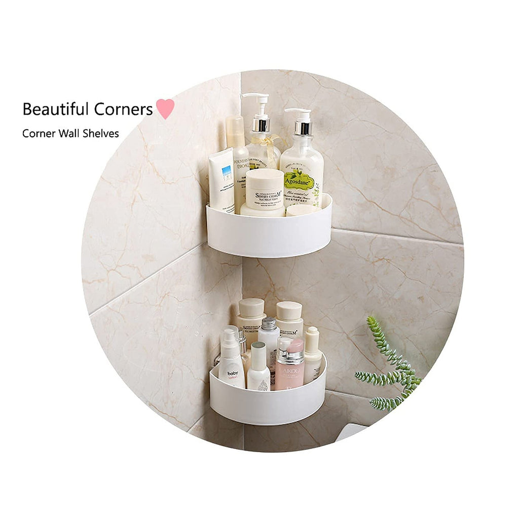 Triangle plastic shower caddy mounted in a shower corner.