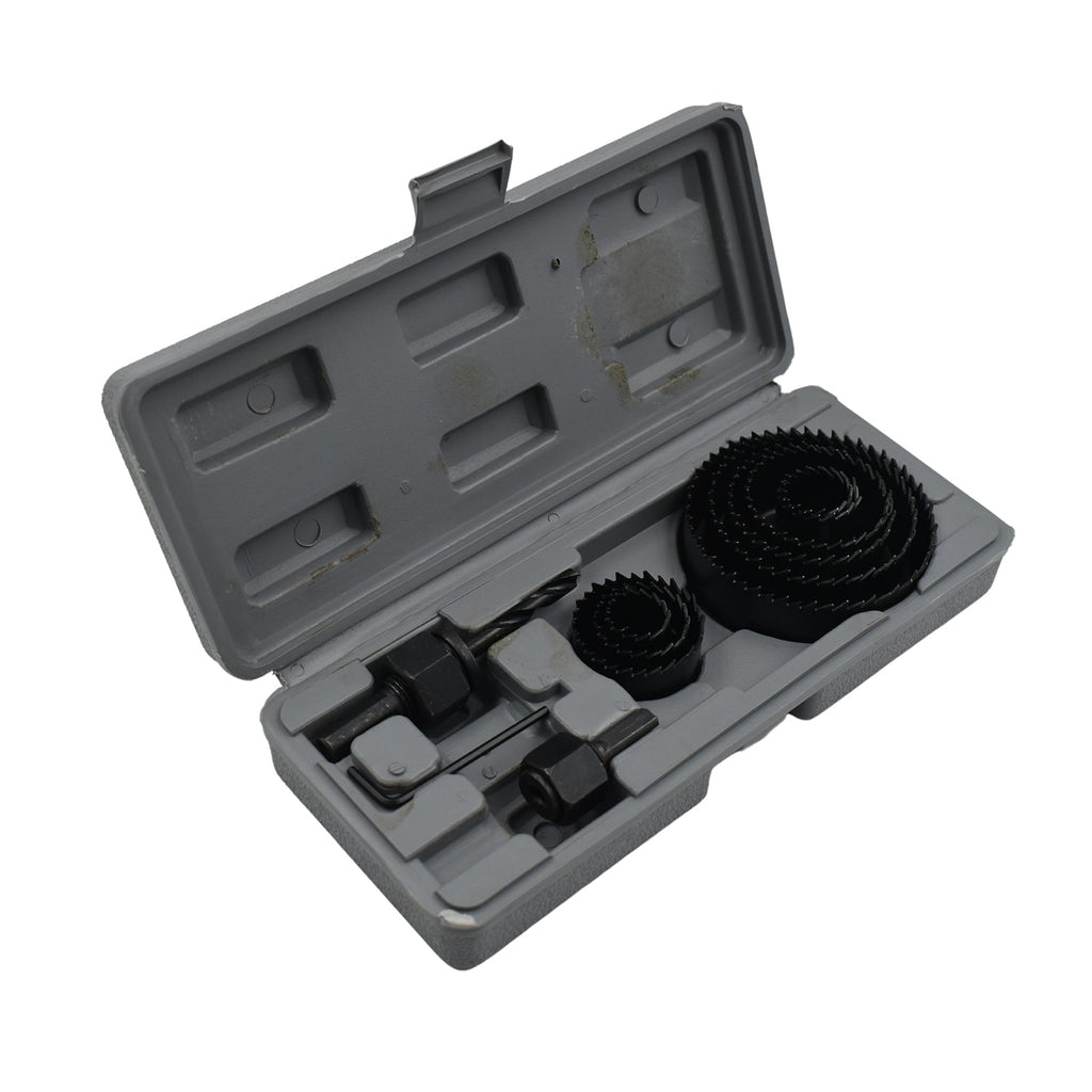 Detailed view of the 12-piece hole saw kit, ready for versatile drilling tasks.