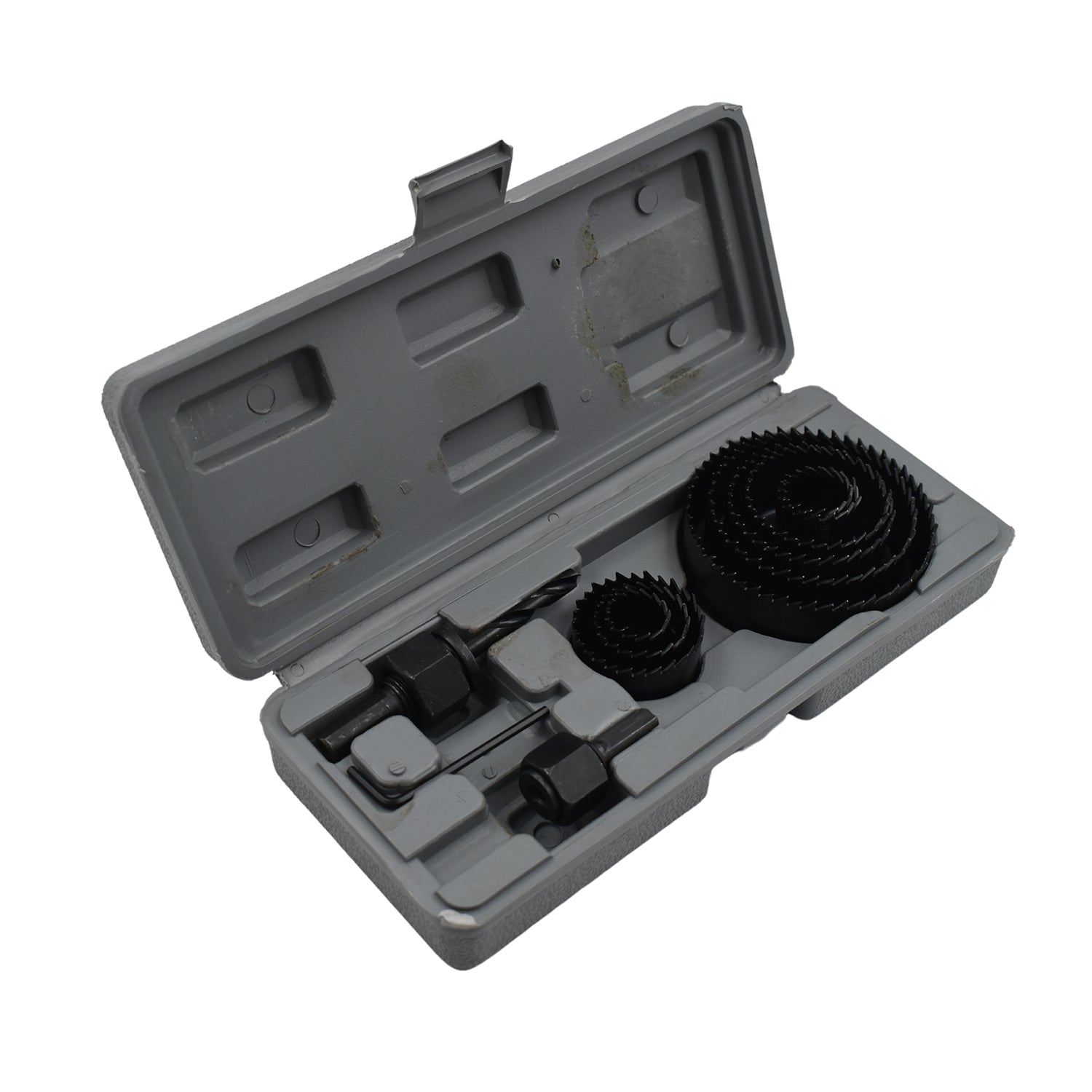 Detailed view of the 12-piece hole saw kit, ready for versatile drilling tasks.