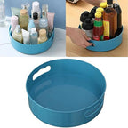 Brown 360° rotating kitchen organizer on a countertop with condiments.
