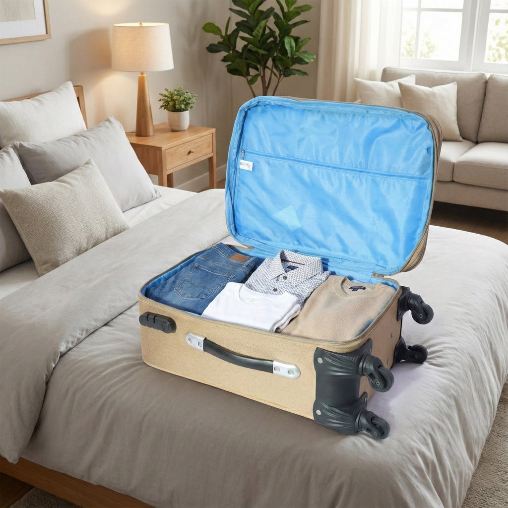 Stacked 3-piece soft side trolley luggage set ready for organized travel