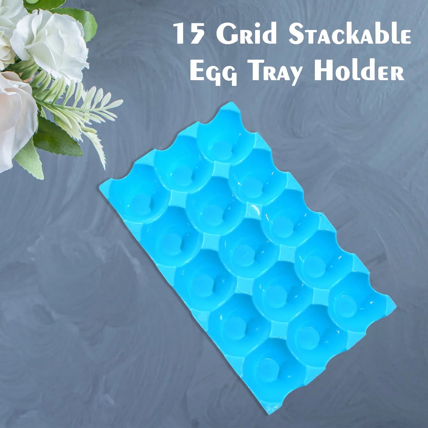 Lifestyle shot of plastic egg trays in a fridge, keeping eggs safe and tidy.
