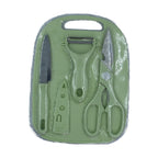 Multipurpose kitchen cutting board with integrated knife and scissor storage.