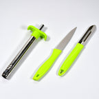 Ergonomic design of the Ganesh utility knife, peeler, and gas lighter combo set.