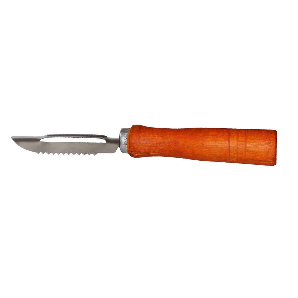 Sharp stainless steel vegetable peeler with ergonomic wooden handle for easy grip.