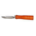 Sharp stainless steel vegetable peeler with ergonomic wooden handle for easy grip.