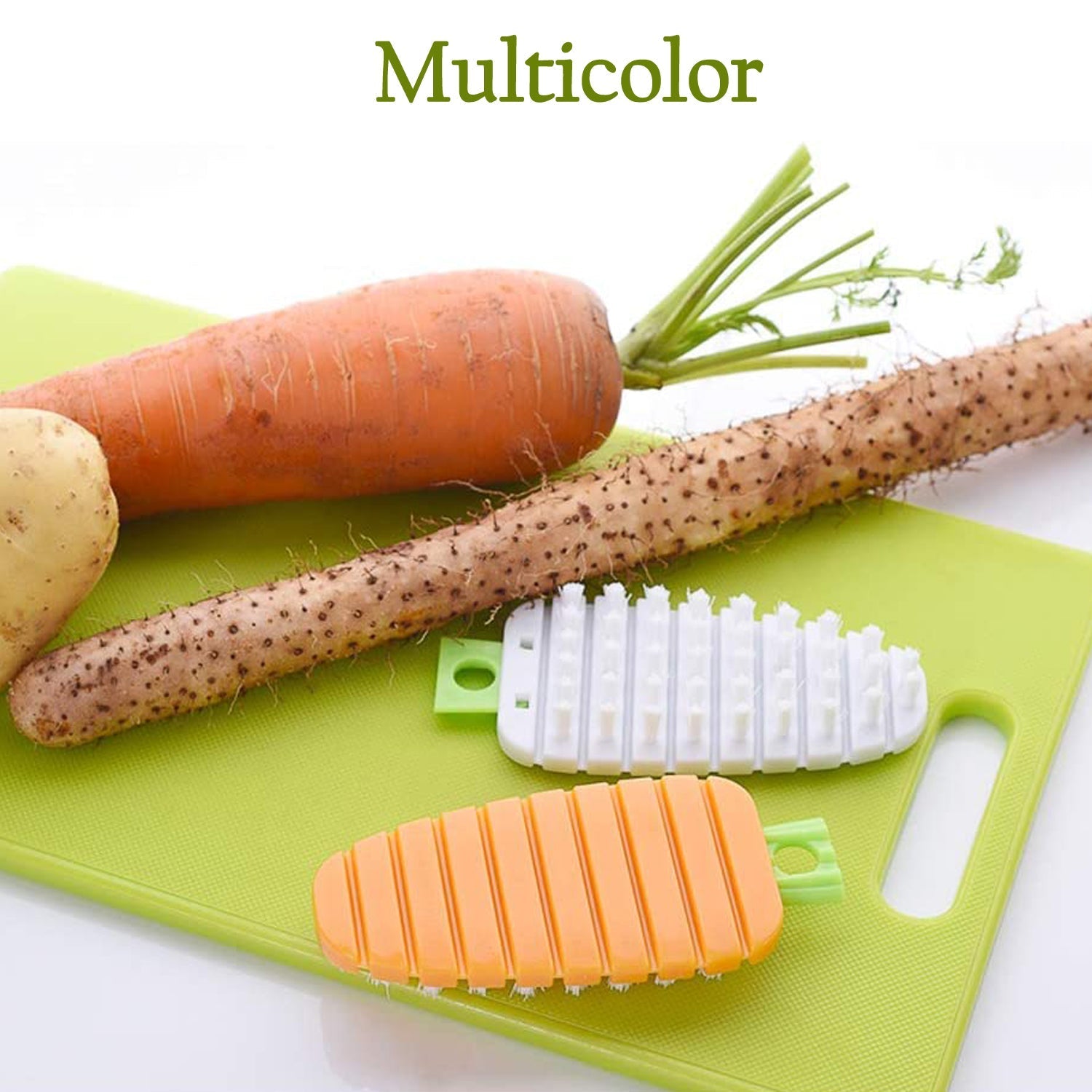 Ergonomic, non-toxic vegetable brush designed for comfortable grip.