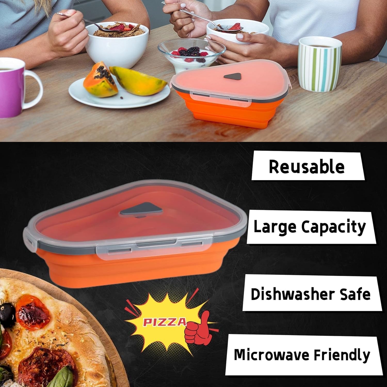 Detailed view of the food-grade silicone material and flexible individual serving trays of the pizza box.