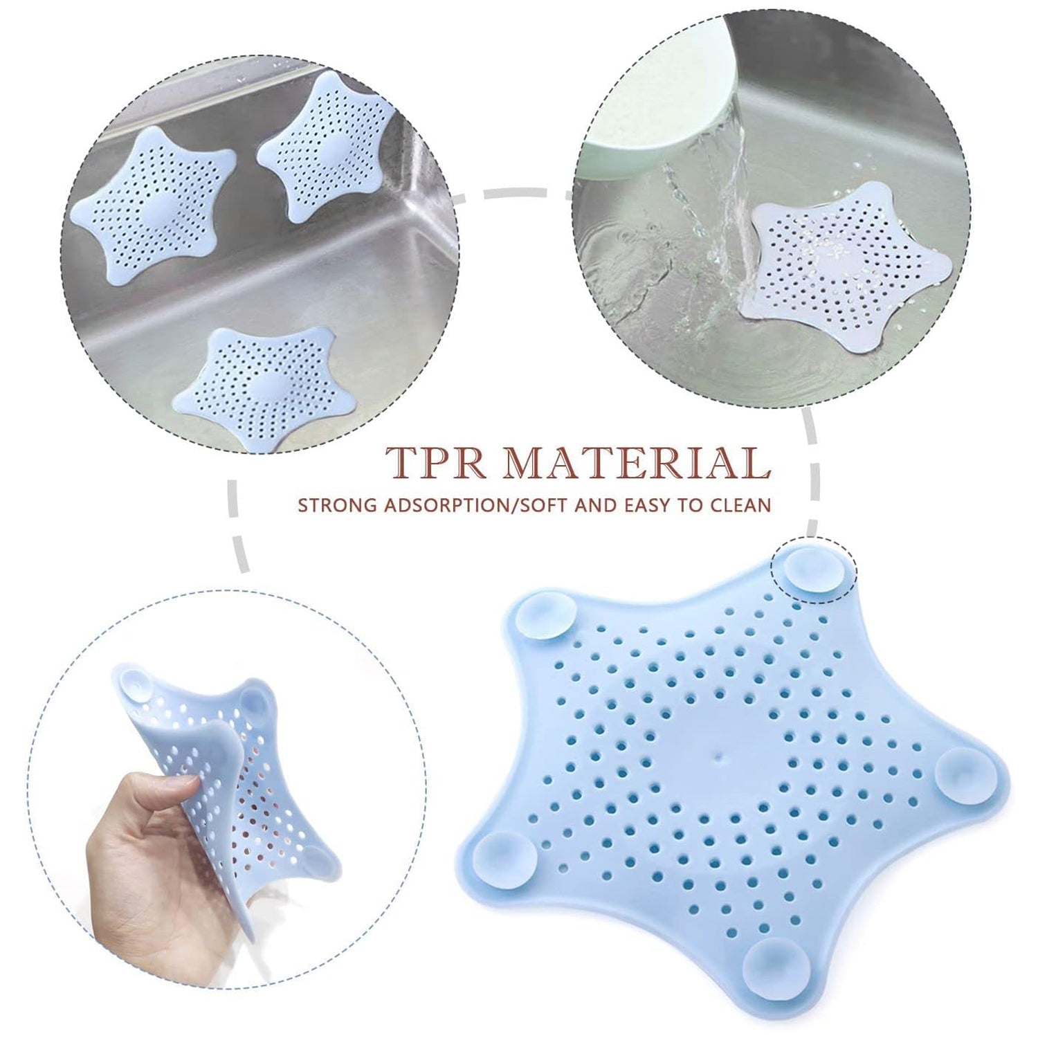 Star drain protector in use, demonstrating its ability to trap small particles.