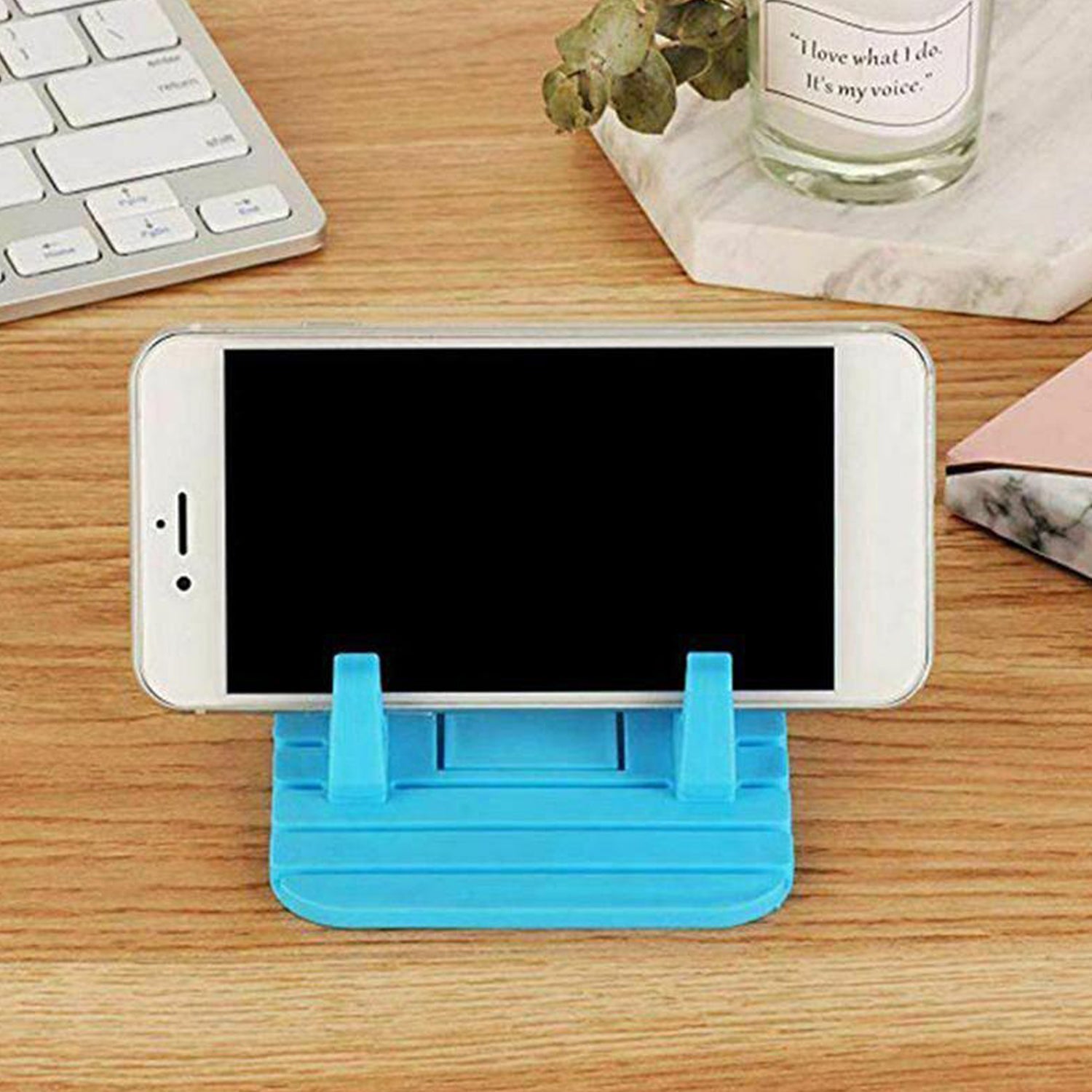 Side profile of the compact Portable Mobile Stand, ideal for travel and desk use.