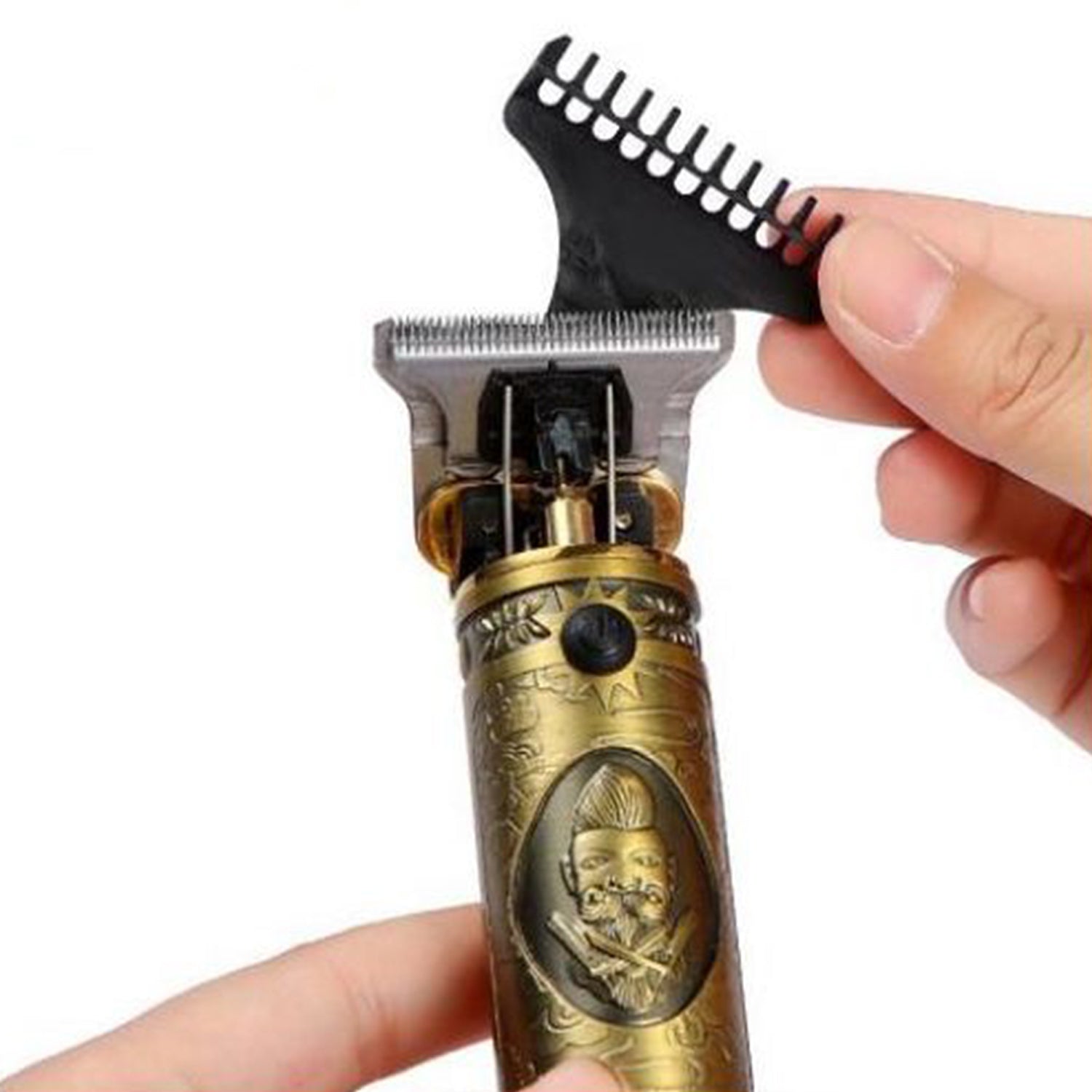 Hair clipper kit showing multiple guide combs and accessories.