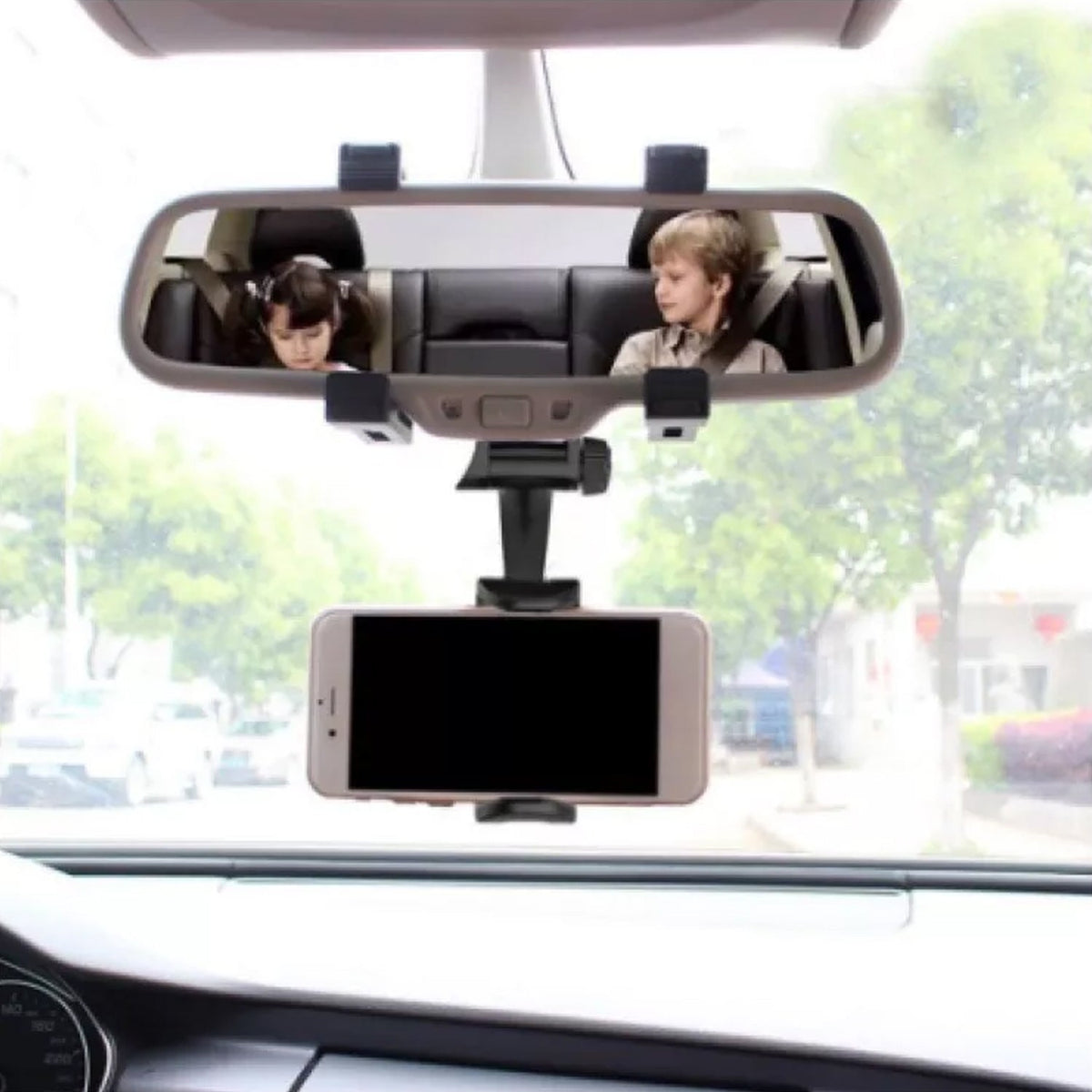 Car Rear View Mobile Holder securely gripping a smartphone.
