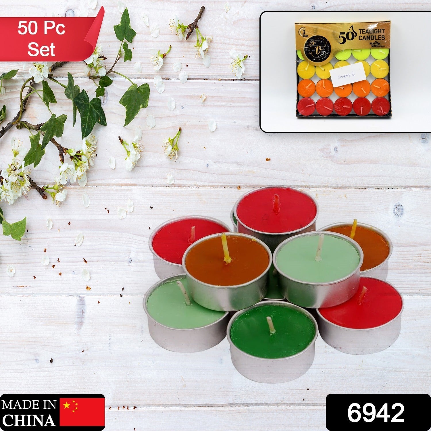 Assorted multi-color decorative tealight candles arranged for a festive display.