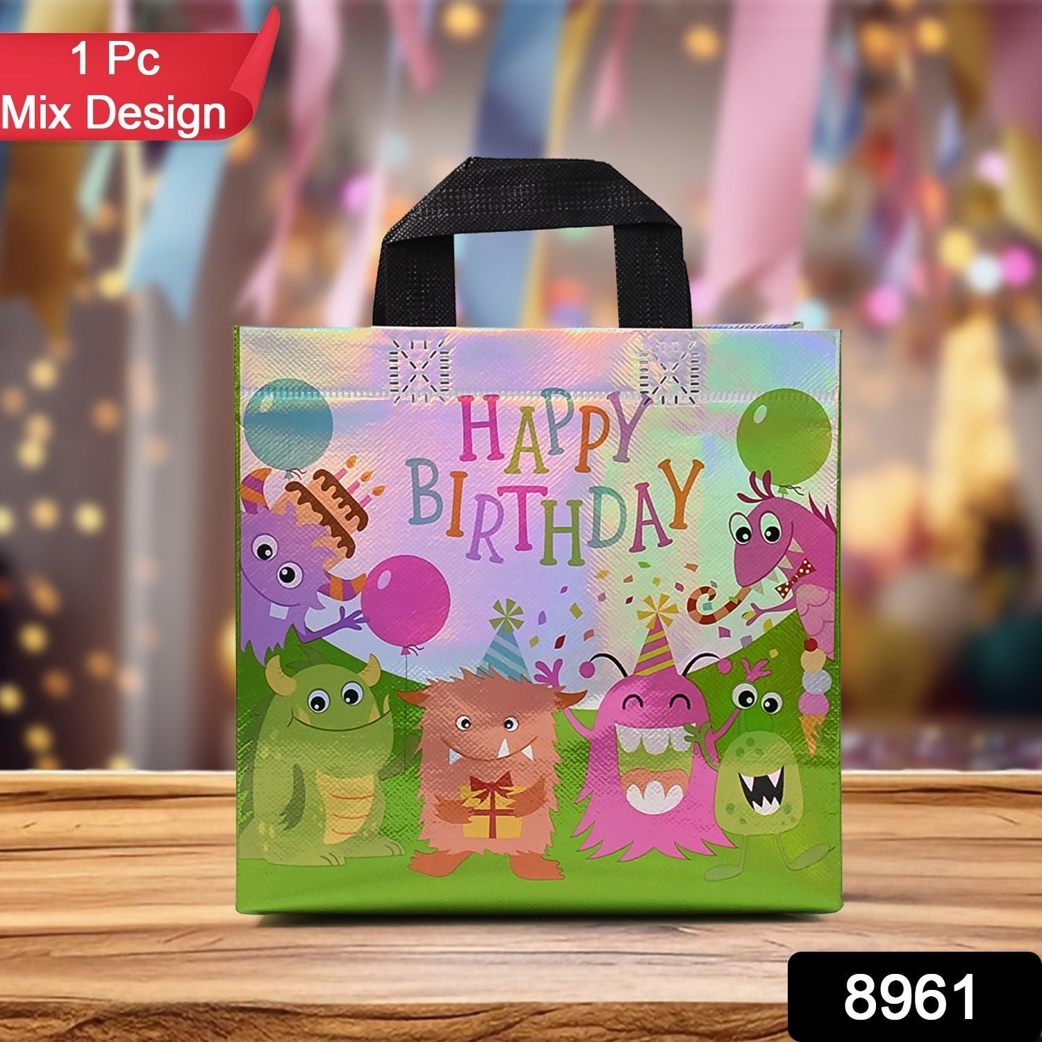Birthday gift bag placed on a table showing colorful patterns