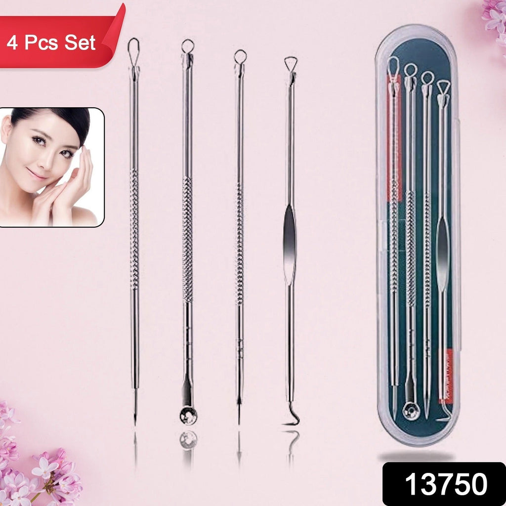 Blackhead remover tool set featuring 4-in-1 stainless steel extractor with portable case