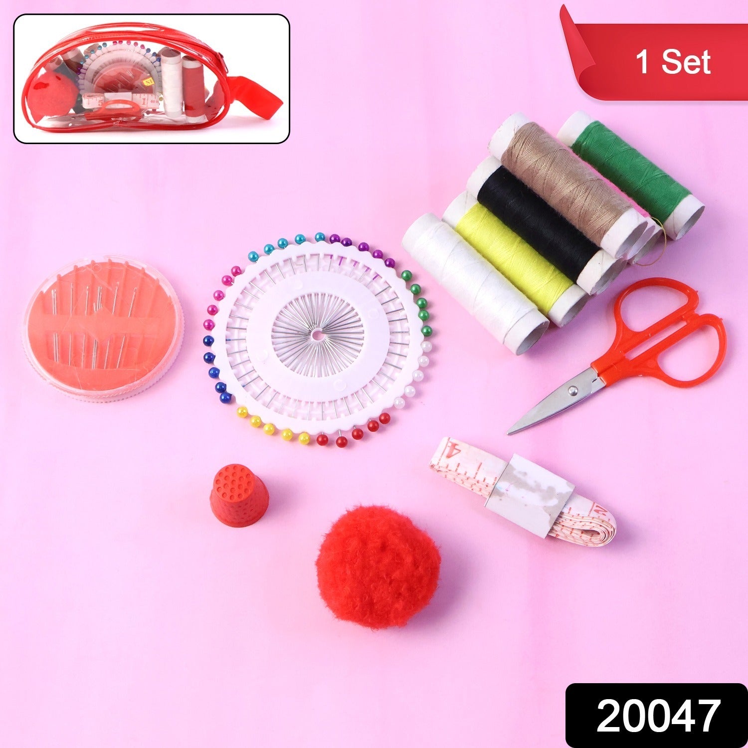 Sewing kit with assorted threads and needles for fabric repair