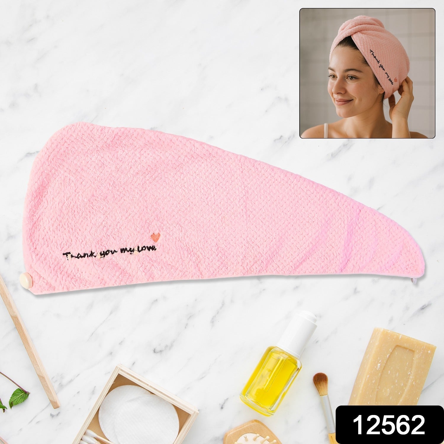 Lightweight microfiber towel wrap securing hair with button closure