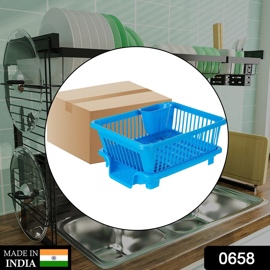 Efficient plastic dish drying rack shown neatly packed inside a brown box.