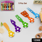 Collection of stainless steel cheese knives with football handles.
