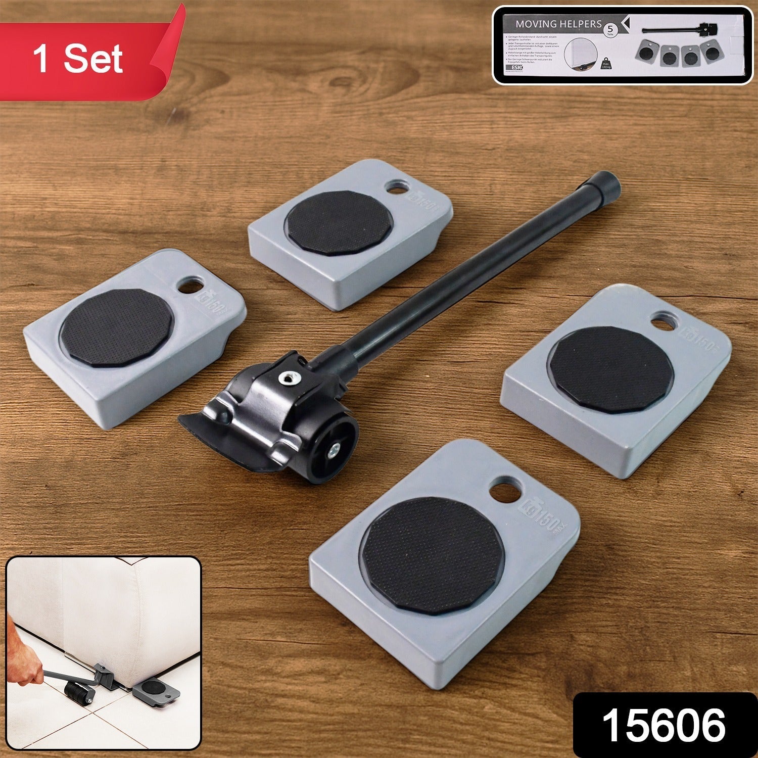 Heavy duty furniture lifter and moving tool kit with lifting lever and rotating sliders