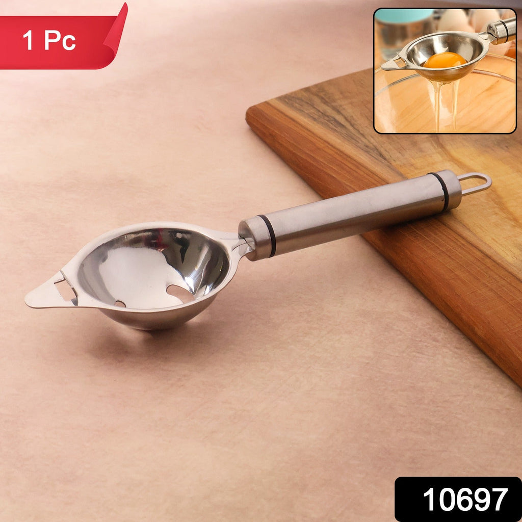 Close-up view of stainless steel yolk separator in kitchen use
