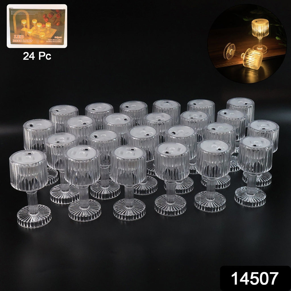 Close-up of LED decorative crystal-effect table lamps glowing warmly on a surface