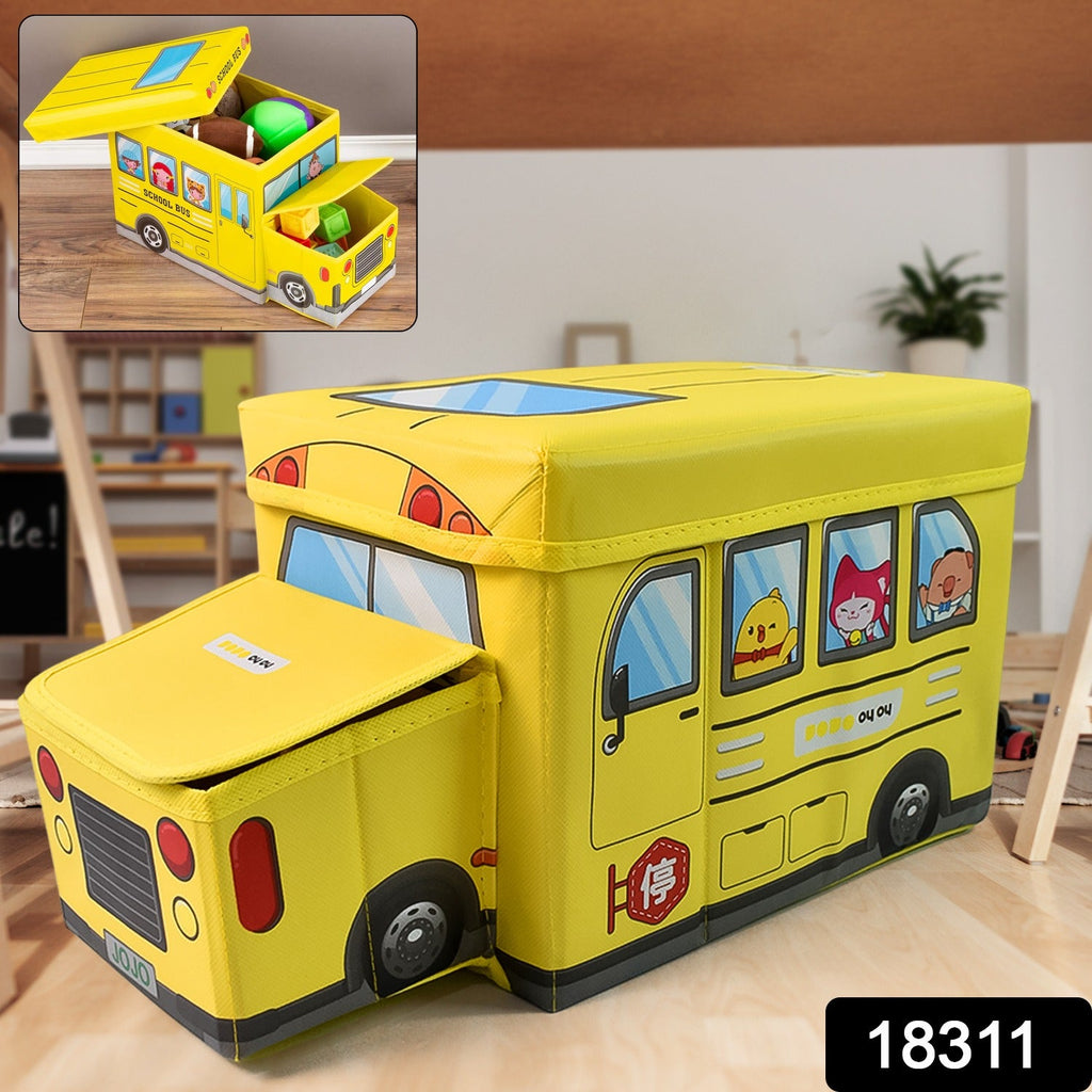 Two children happily sitting on the sturdy School Bus Toy Storage Box in a colourful playroom.