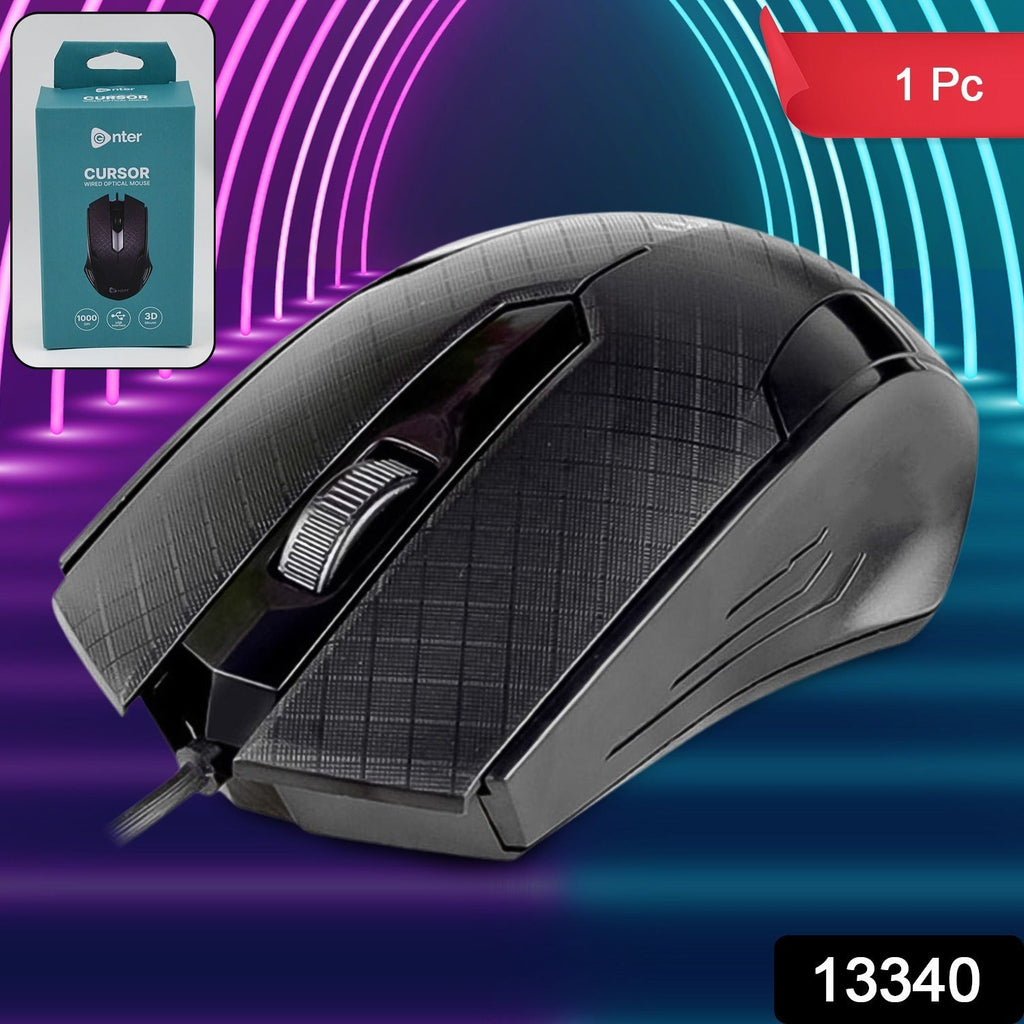 Side view of a plug-and-play wired optical mouse with USB-A connector.