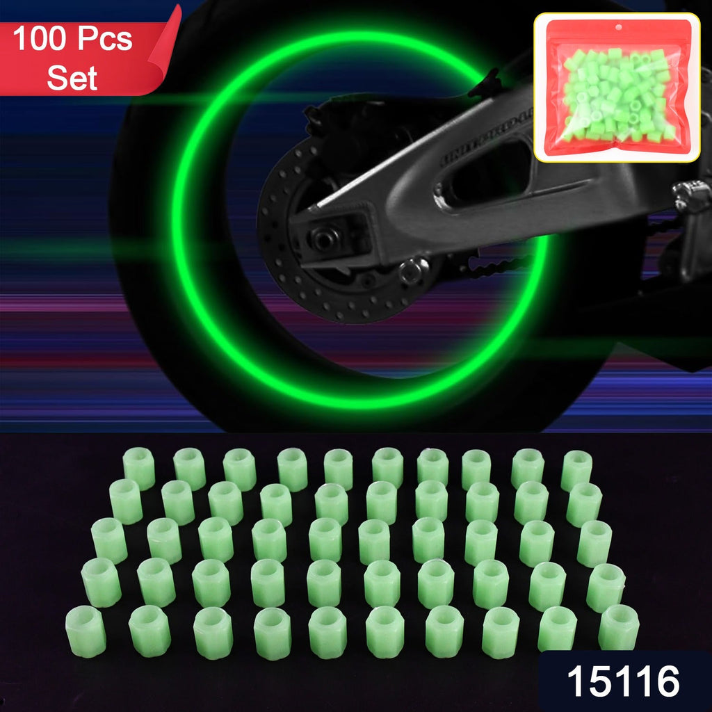 Close-up of luminous glow tyre valve caps showing textured grip and fluorescent effect