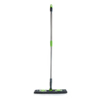 Ergonomic view of the flat mop with microfiber pad, suitable for various hard floor surfaces.