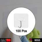 Multipurpose stainless steel adhesive wall hooks shown on various surfaces like tile and wood.