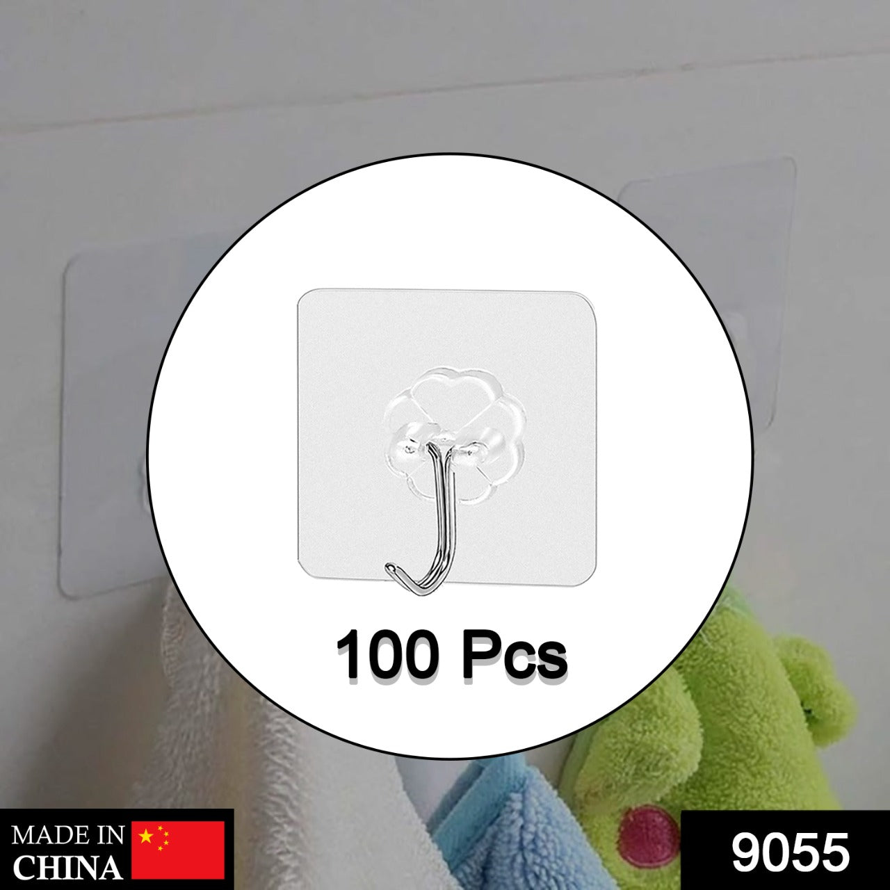 Multipurpose stainless steel adhesive wall hooks shown on various surfaces like tile and wood.