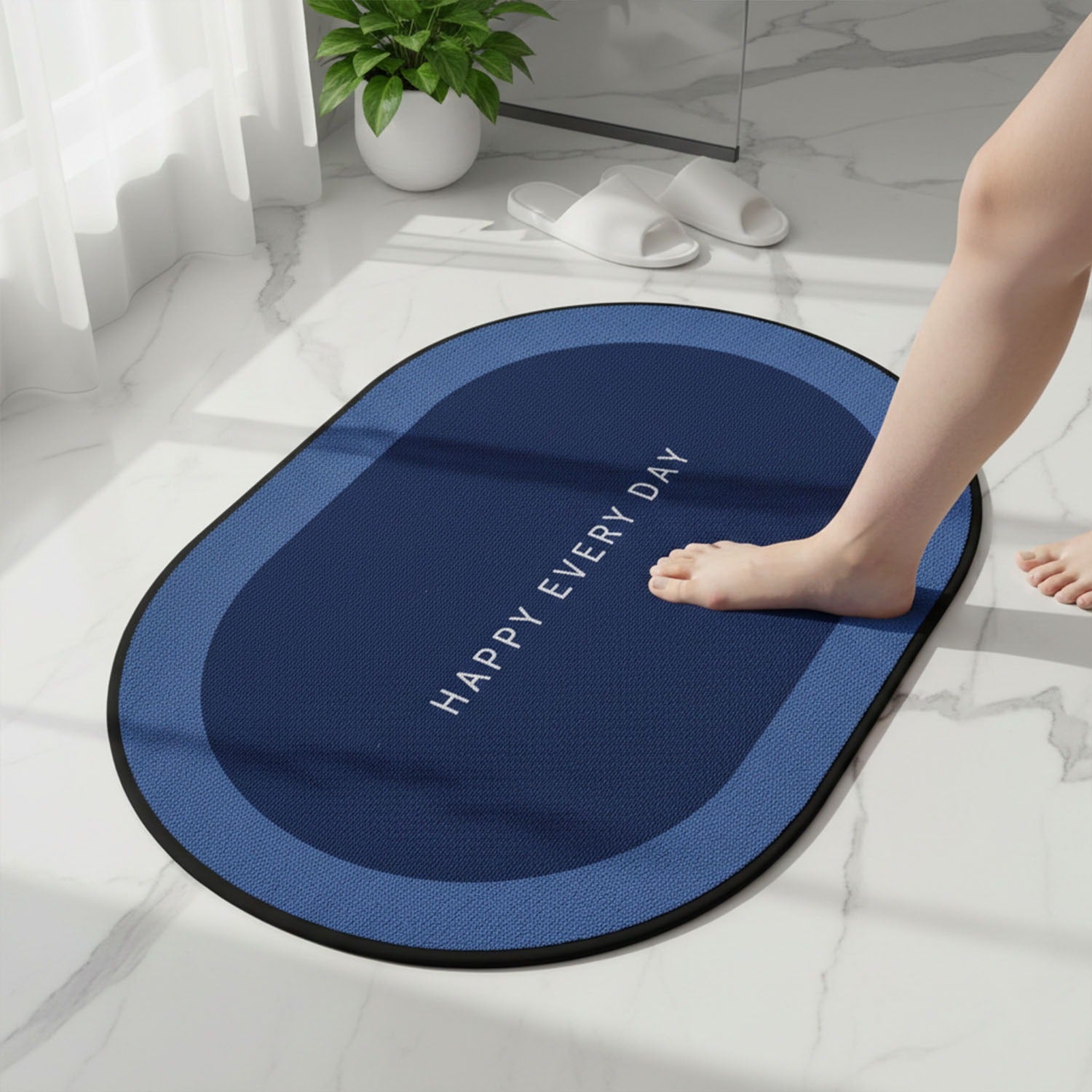 Non-slip oval bath mat with super absorbent velvet surface on bathroom floor