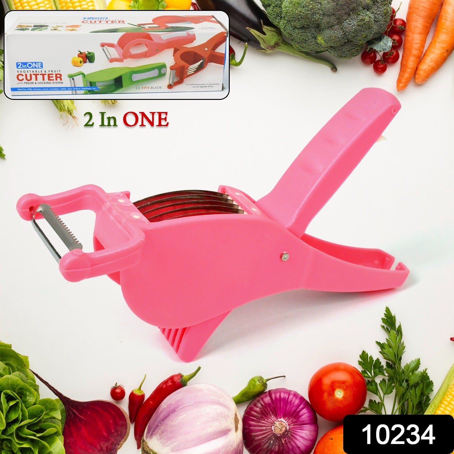 Close-up of the versatile vegetable multi-cutter with sharp stainless steel blades.