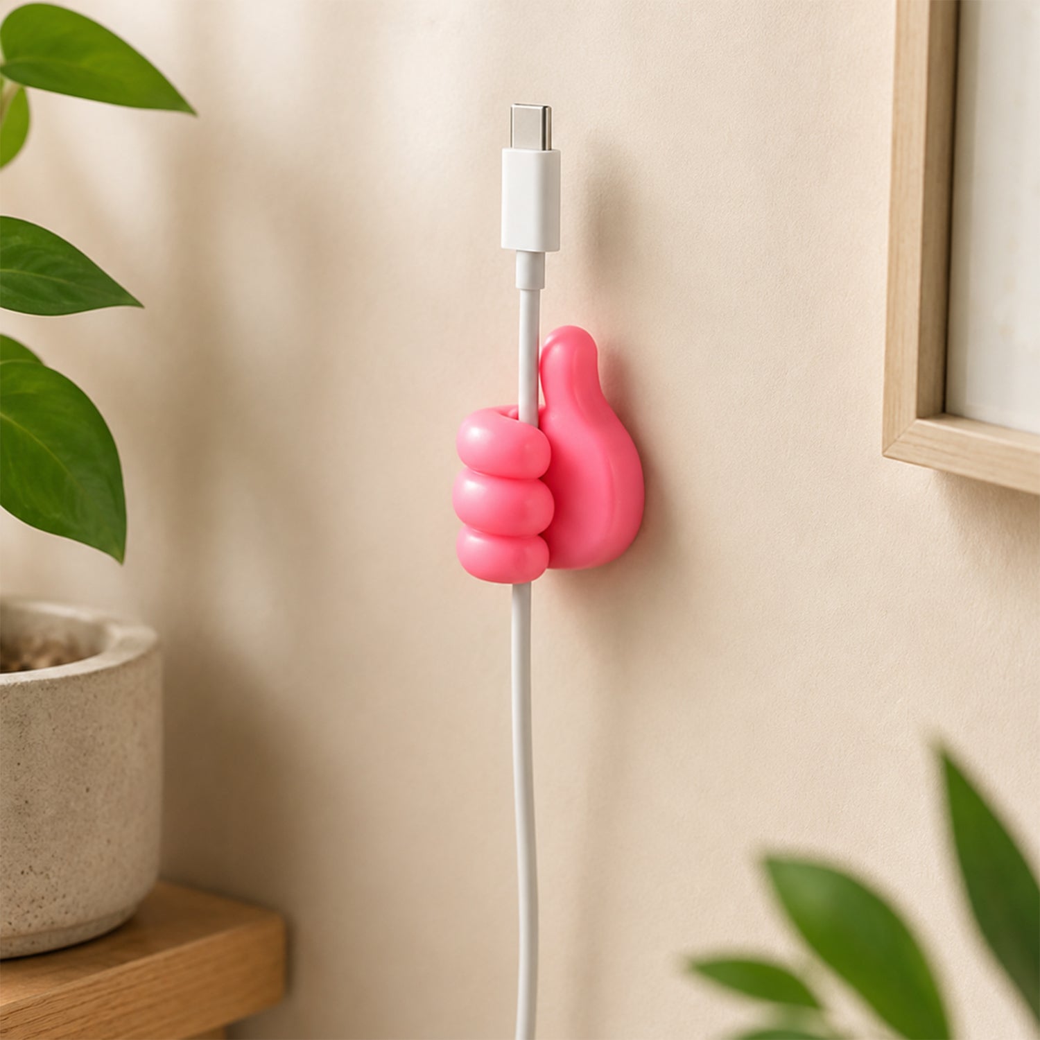 Pink and yellow thumb wire holders holding USB cable on wall lifestyle