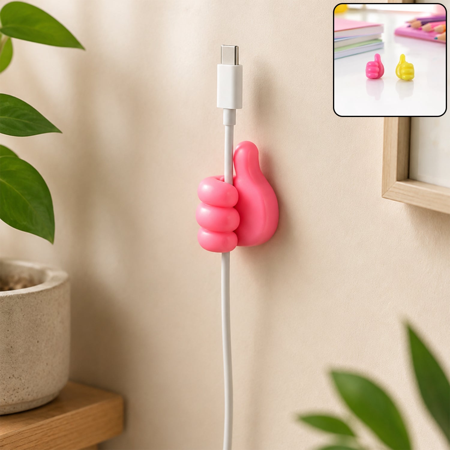 Pink and yellow thumb-shaped cable wire holder on wall for organisation