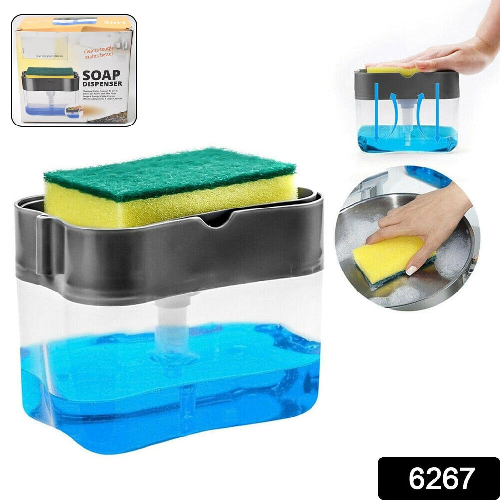 Close-up of the pump action and scrub caddy of the 2-in-1 soap dispenser.