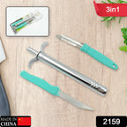 Close-up of the stainless steel kitchen knife, ergonomic peeler, and reliable gas lighter.