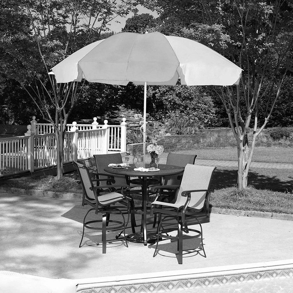 A promotional image showcasing the versatility of the garden umbrella in various outdoor settings.
