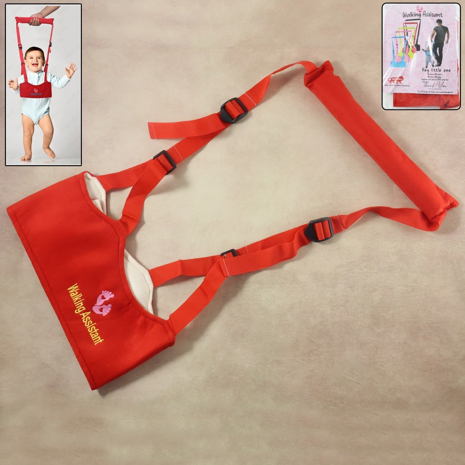 Soft padded chest support on baby walking assistant harness
