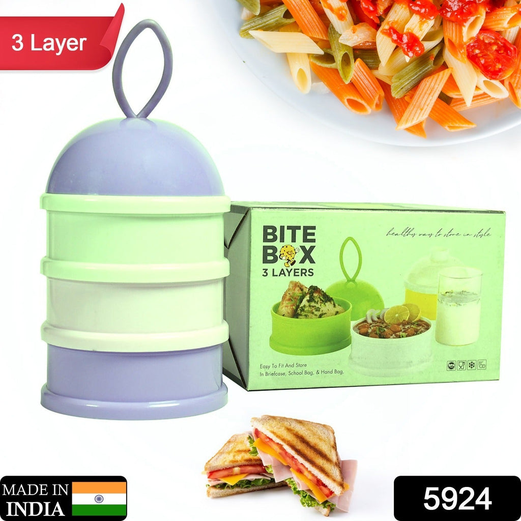 Portable milk powder container with three compartments, perfect for travel.