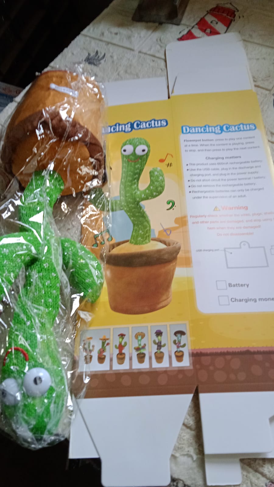 USB charging port visible on the base of the interactive dancing cactus toy.