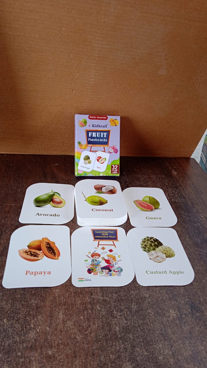 Vertical display of fruit flashcards highlighting educational fruit images