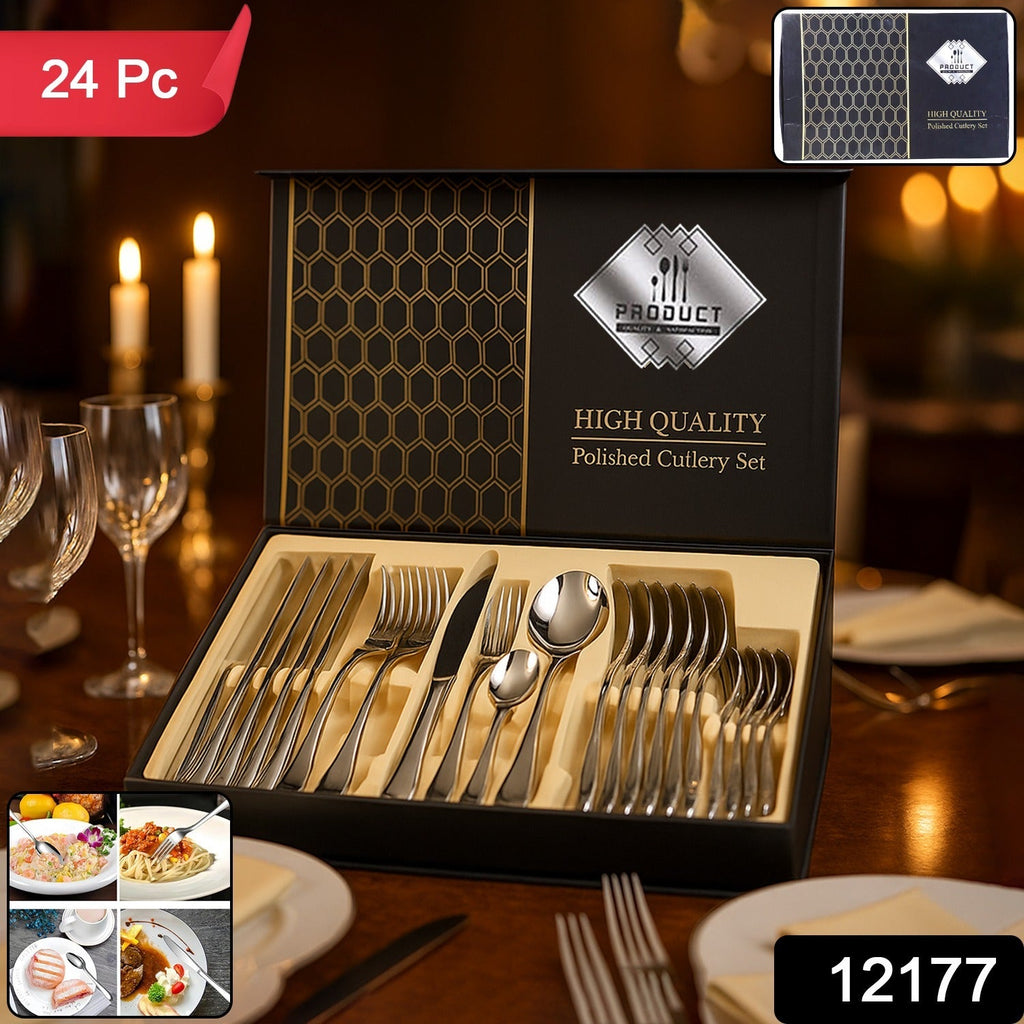 Complete 24 Pc polished stainless steel cutlery set including forks and spoons